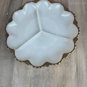 Vintage Anchor Hocking Fire King Milk Glass Divided Serving Dish Gold Trim 10"